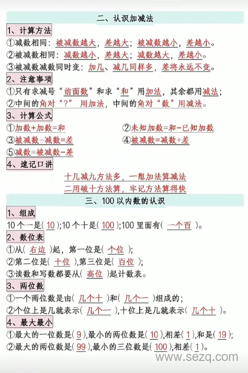 一年级下册数学必备知识点汇总（考试常考必考重点） - 文档资源第2张