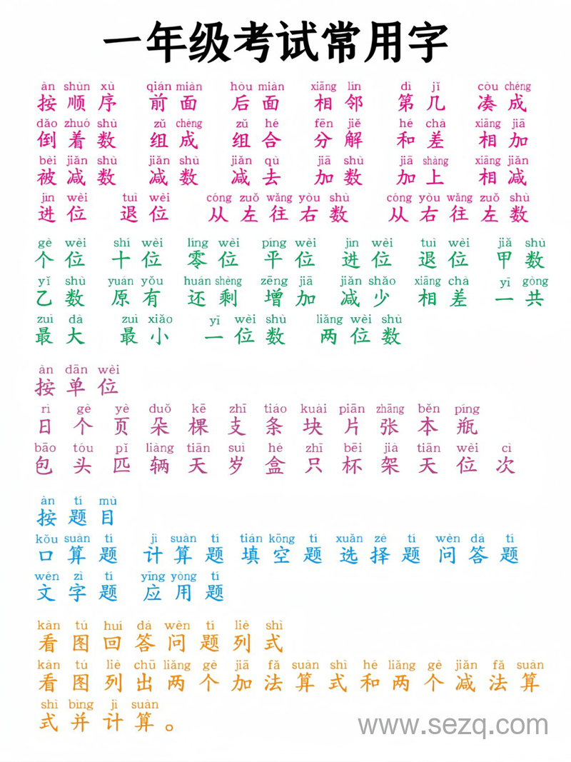 一年级数学考试常用字（超全汇总） - 文档资源第2张