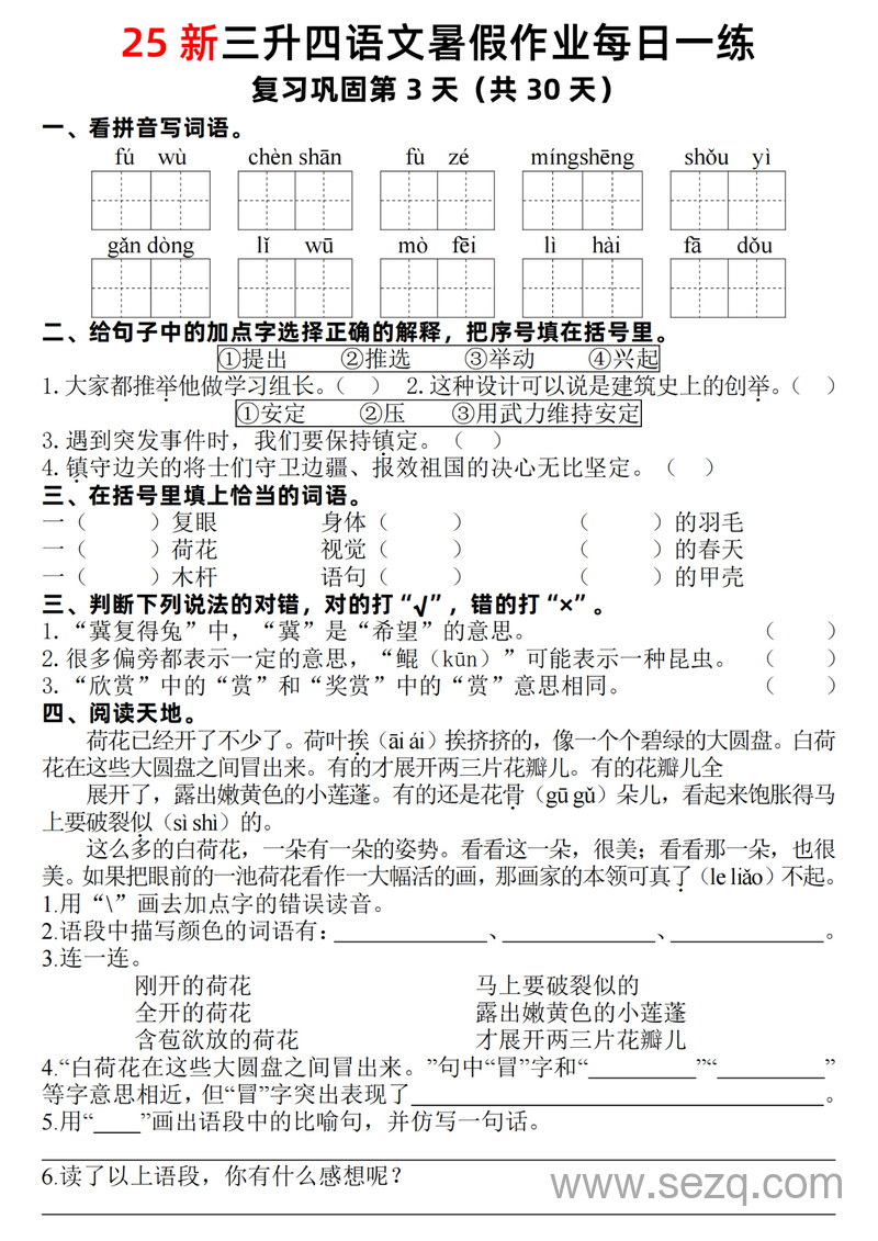 2025年新三升四语文暑假作业每日一练30天（复习加预习）含答案 - 文档资源第3张