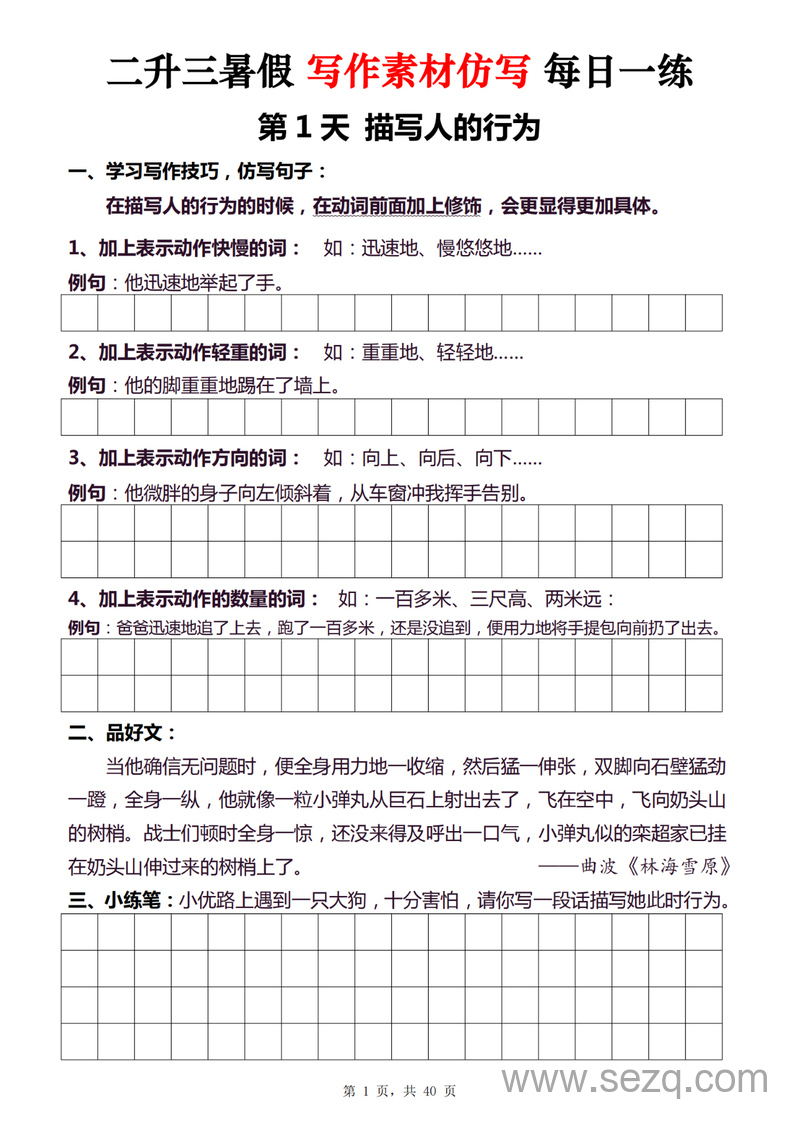 二升三暑假语文写作素材仿写每日一练40天 - 文档资源第1张