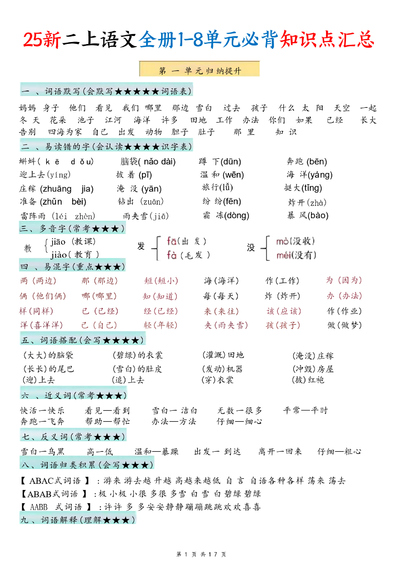 2025年新版二年级上册语文1-8单元必背知识点汇总（17页） - 少儿专区