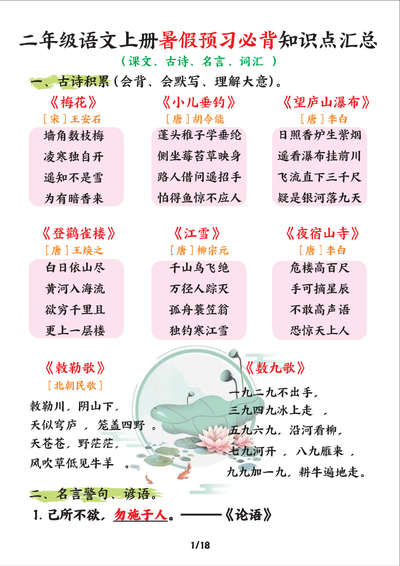 2025年二年级上册语文暑假预习必背知识点汇总（18页） - 少儿专区