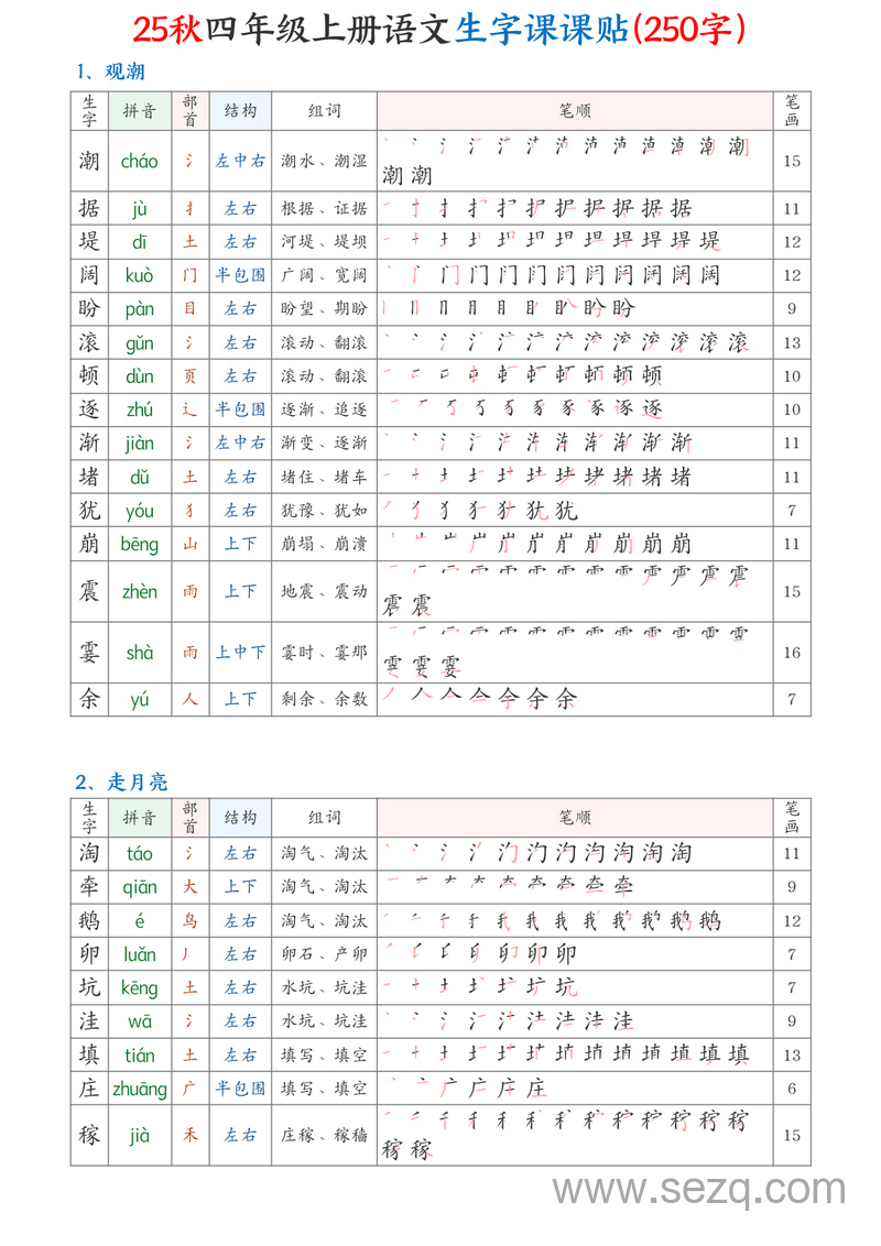 2025年秋季四年级上册语文生字课课贴（生字组词笔顺笔画250字） - 文档资源第1张
