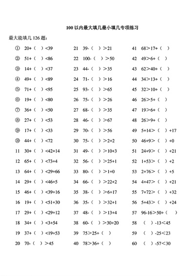 二年级下册数学100以内最大填几最小填几专项练习（常考题型）（4页） - 少儿专区