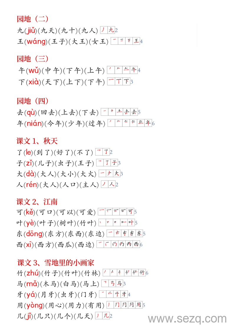 2024年新版一年级上册语文生字组词笔顺小贴贴 - 文档资源第2张