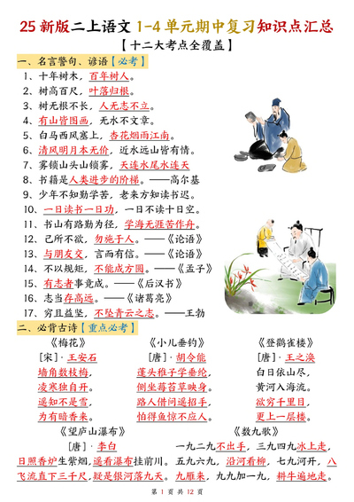2025年新版二年级上册语文1-4单元期中复习知识点汇总（十二大考点全覆盖）（12页） - 少儿专区