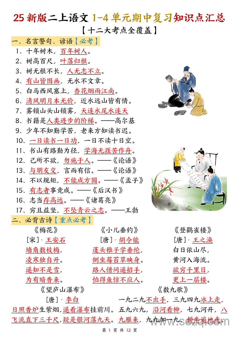 2025年新版二年级上册语文1-4单元期中复习知识点汇总（十二大考点全覆盖） - 文档资源第1张