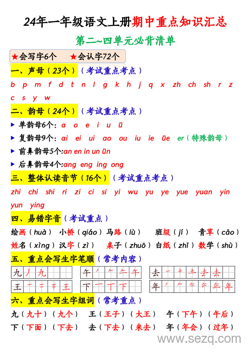 2024年一年级上册语文期中重点知识汇总（纯图版） - 文档资源第3张