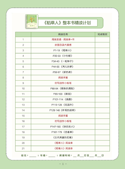 三年级,四年级语文《稻草人》整本书精读计划（含答案）（18页） - 少儿专区