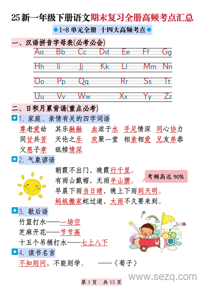 2025年新版一年级下册语文期末复习全册高频考点汇总（十四大高频考点） - 文档资源第1张