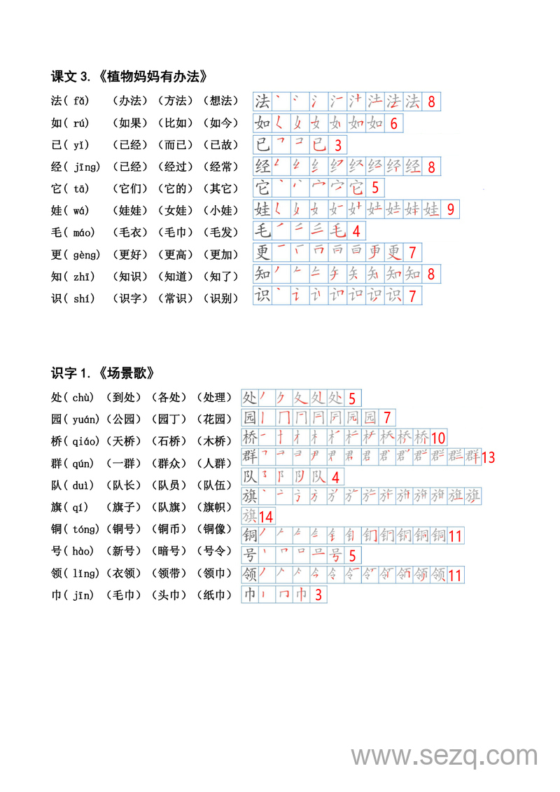 二年级上册语文生字笔顺拼音组词（课本贴） - 文档资源第2张