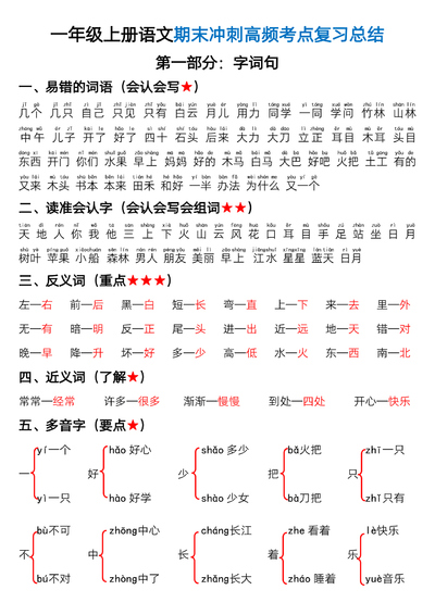 一年级上册语文期末冲刺高频考点复习总结（10页） - 少儿专区