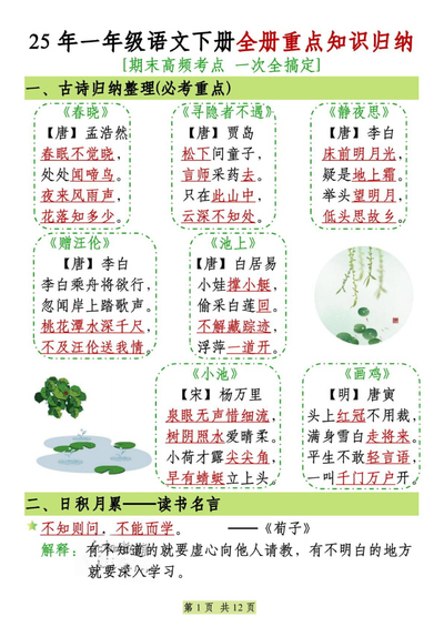 2025年新版一年级下册语文全册重点知识归纳（期末复习）（12页） - 少儿专区