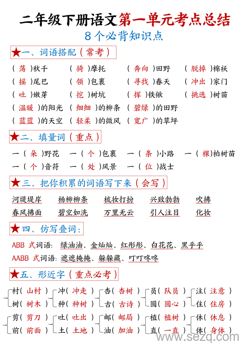 二年级下册语文1-8单元考点总结（8个必背知识点加练习） - 文档资源第1张