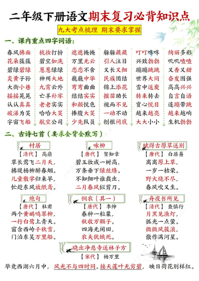 二年级下册语文期末复习必背知识点九大考点梳理（12页） - 少儿专区