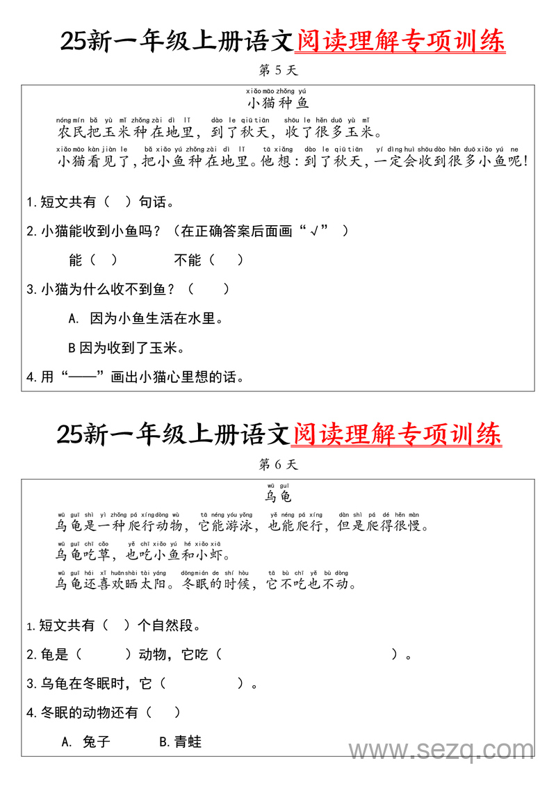 2025年新版一年级上册语文阅读理解专项训练30天 - 文档资源第3张