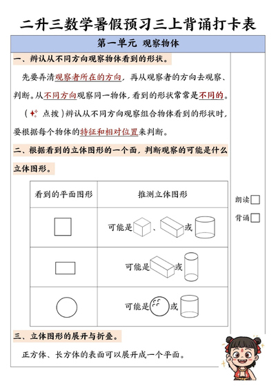 新三年级上册数学暑假预习背诵打卡表(核心知识点总结)(10页) - 少儿专区