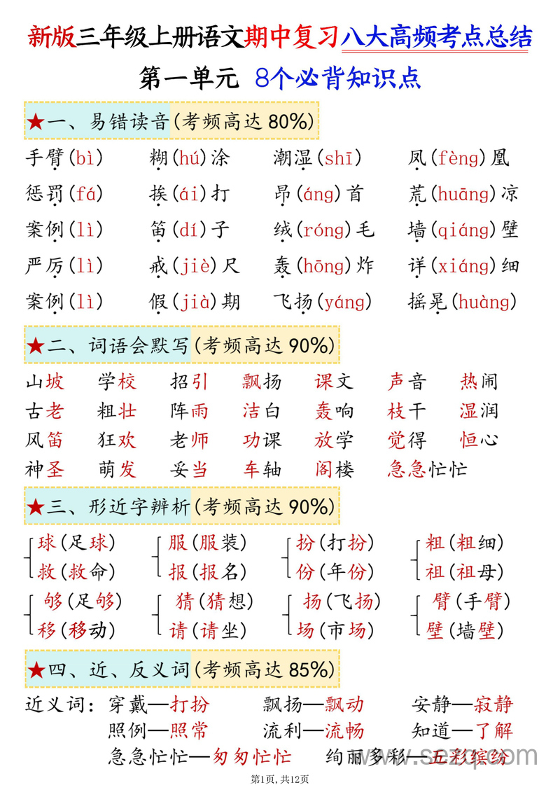 2025年三年级上册语文期中复习1-4单元八大高频考点总结 - 文档资源第1张