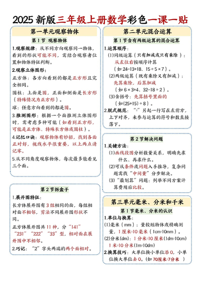 2025年新版三年级上册数学彩色一课一贴（人教版）（3页） - 少儿专区