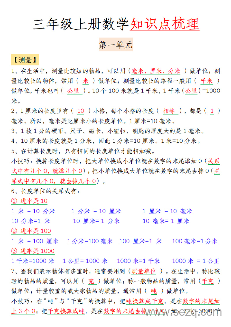 三年级上册数学知识点梳理 - 文档资源第1张