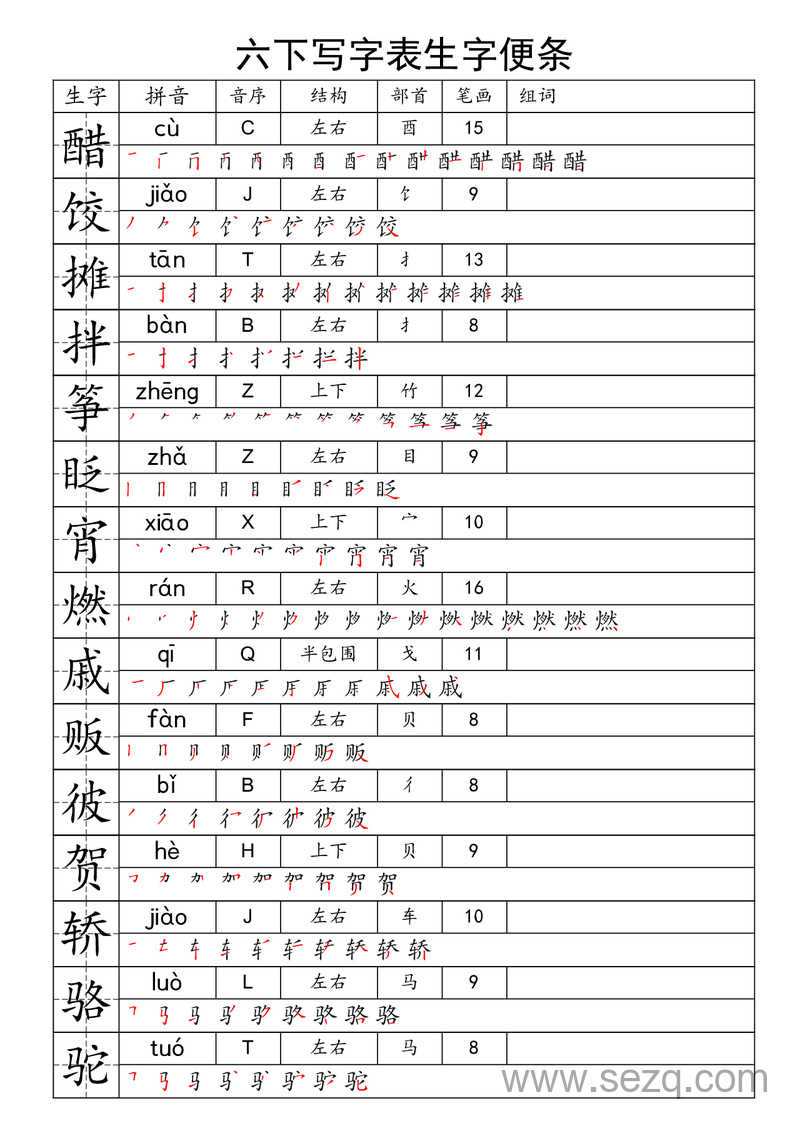 六年级下册语文写字表生字便条 - 文档资源第1张
