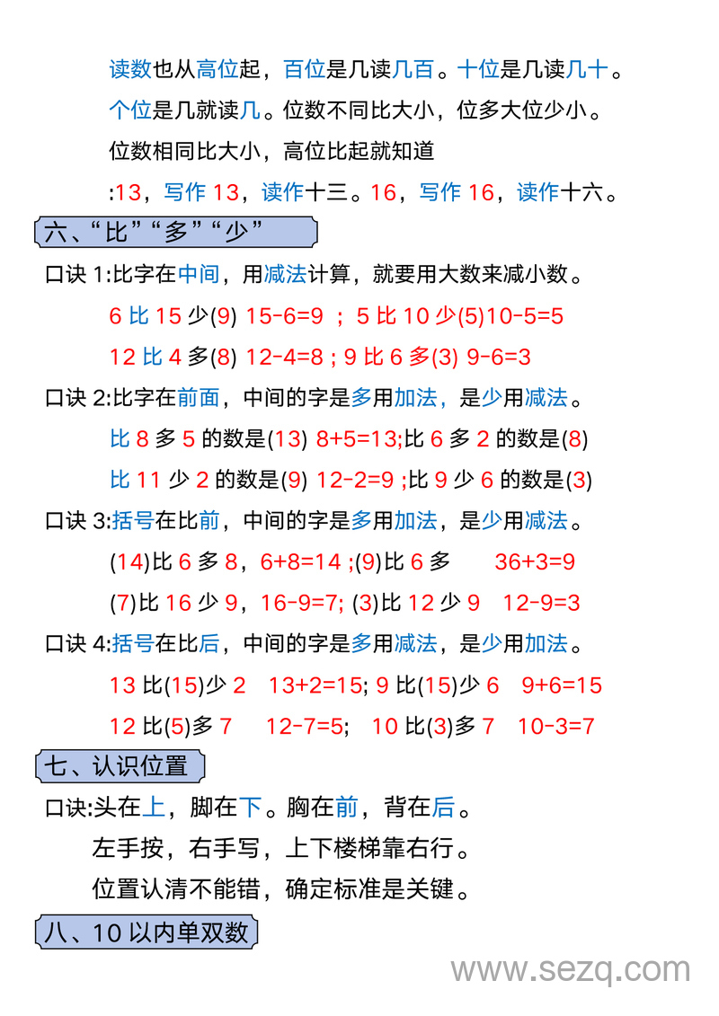 一年级上册数学必备知识点口诀 - 文档资源第3张