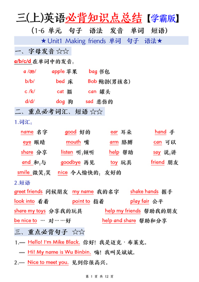 2025年秋季三年级上册英语必备知识点总结（学霸版）（12页） - 少儿专区