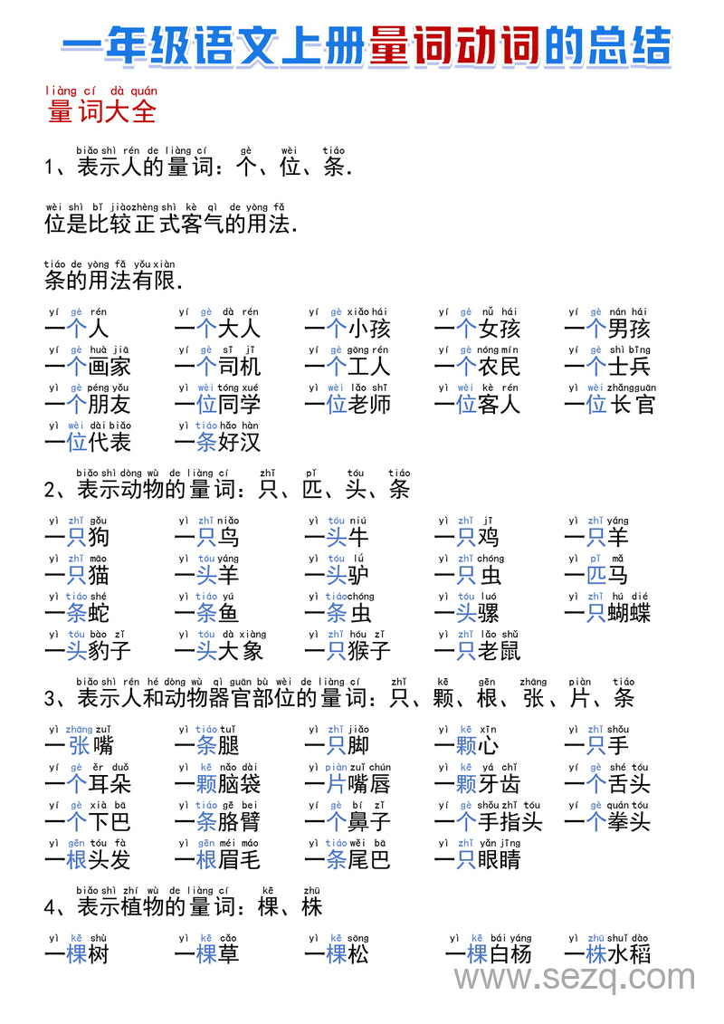 一年级上册语文量词动词总结 - 文档资源第1张
