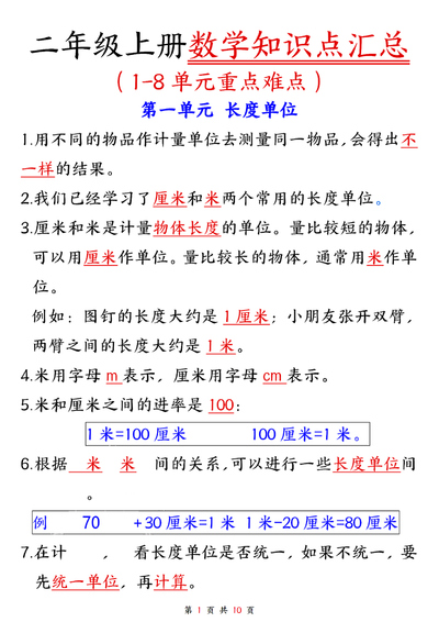 二年级上册数学1-8单元知识点汇总（10页） - 少儿专区