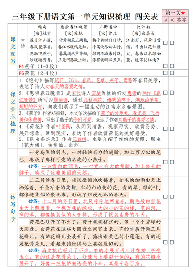 三年级下册语文1-8单元知识梳理背诵闯关表（8页） - 少儿专区