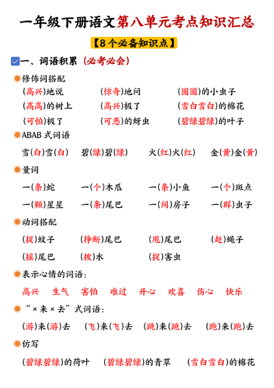 一年级下册语文第八单元考点知识汇总（8个必备知识点）（4页） - 少儿专区