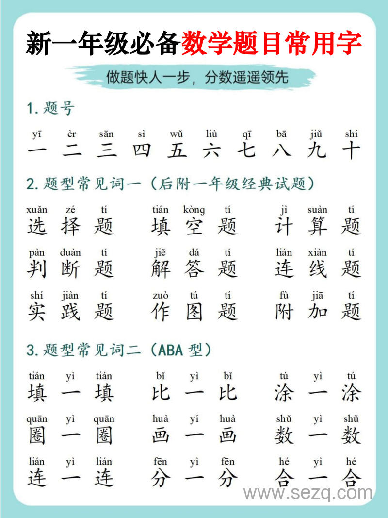 2025年一年级上册数学题目常用字（必备） - 文档资源第1张