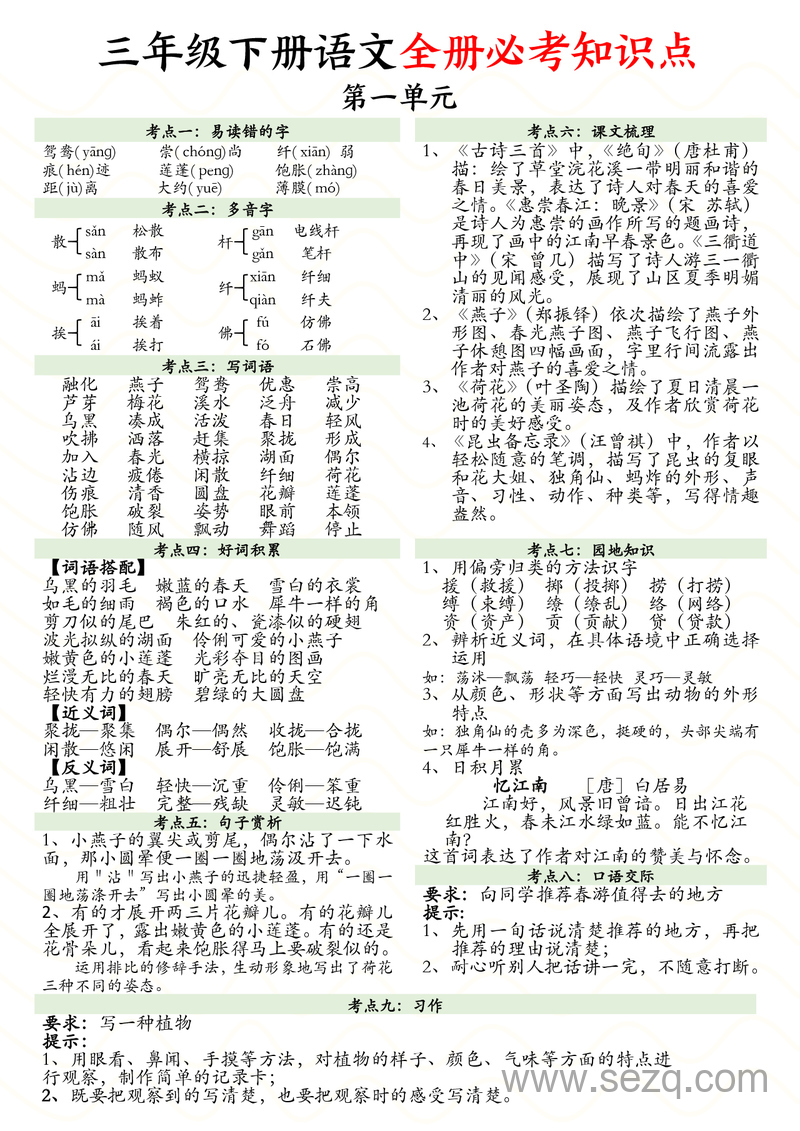 三年级下册语文全册1-8单元必考知识点汇总 - 文档资源第1张