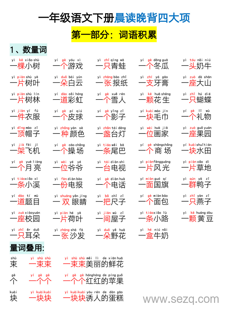一年级下册语文晨读晚背四大项 - 文档资源第1张