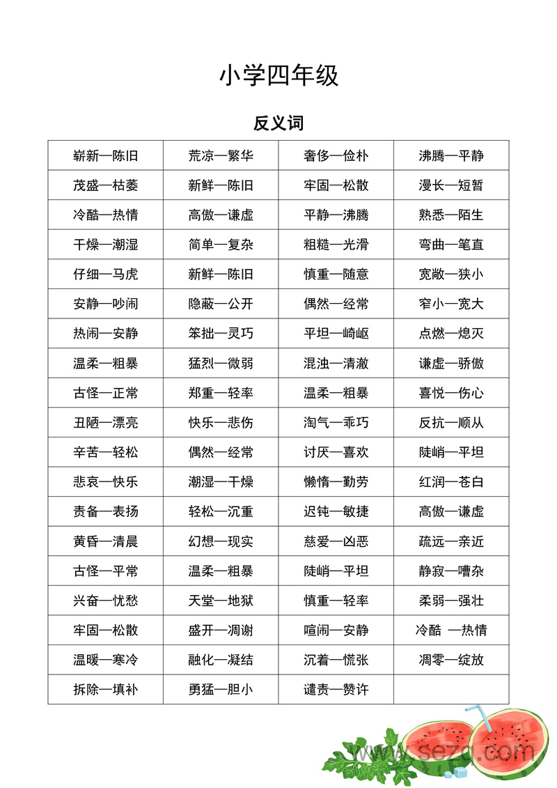 四年级语文近义词和反义词专项练习 - 文档资源第1张