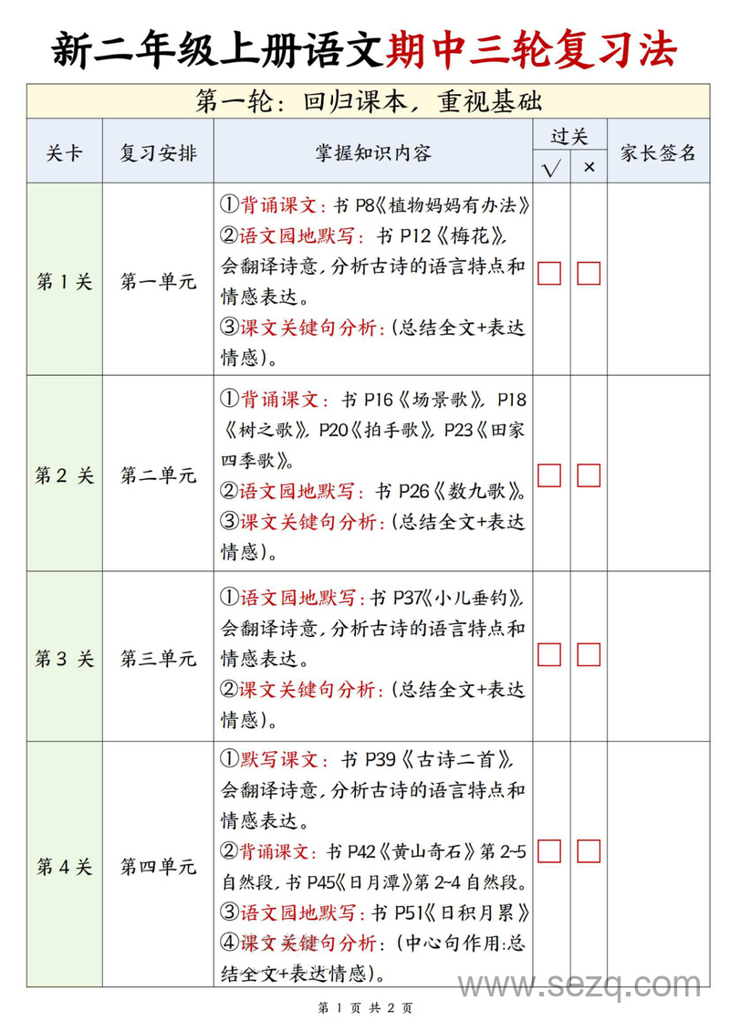 2025年秋季二年级上册语文期中三轮复习重点安排计划表 - 文档资源第1张