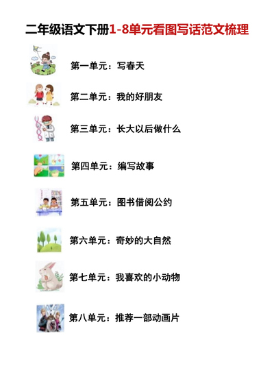 二年级下册语文1-8单元同步看图写话范文梳理（9页） - 少儿专区