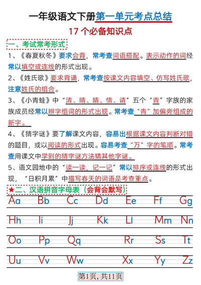 一年级下册语文第一单元考点总结（17个必备知识点）（11页） - 少儿专区