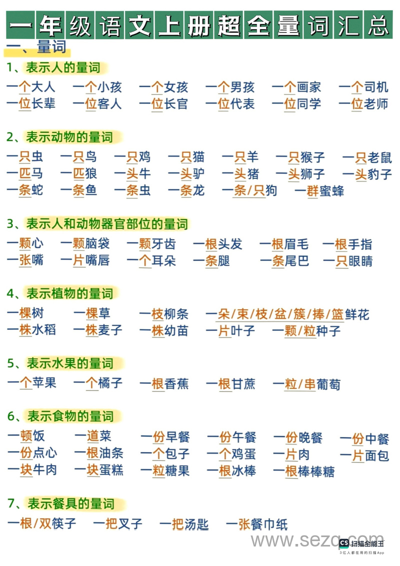 2025年秋季一年级上册语文量词专项练习（含答案） - 文档资源第1张