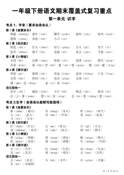 一年级下册语文期末覆盖式复习重点（19页） - 少儿专区