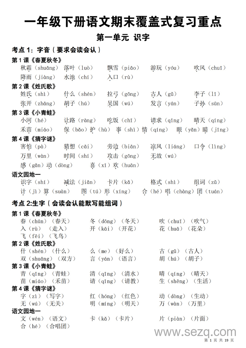 一年级下册语文期末覆盖式复习重点 - 文档资源第1张