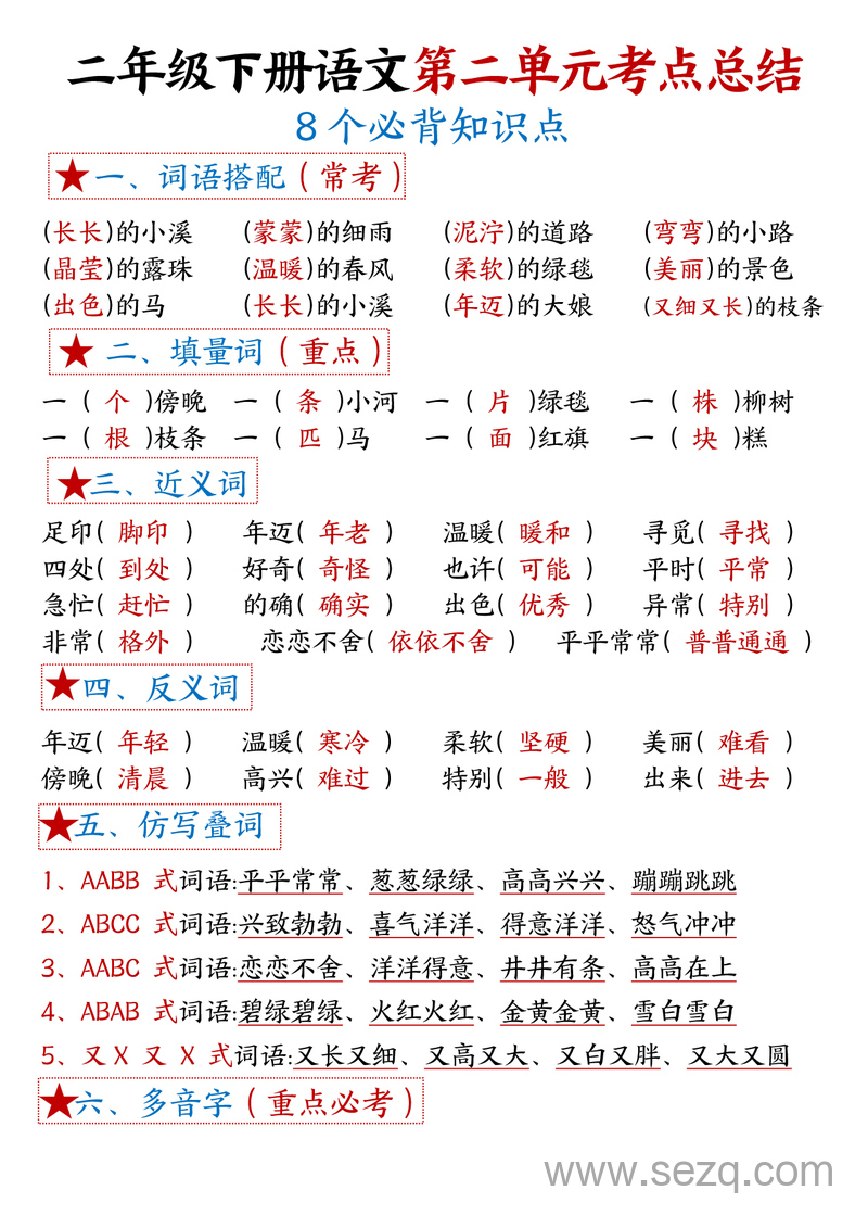 二年级下册语文1-8单元考点总结（8个必背知识点加练习） - 文档资源第3张