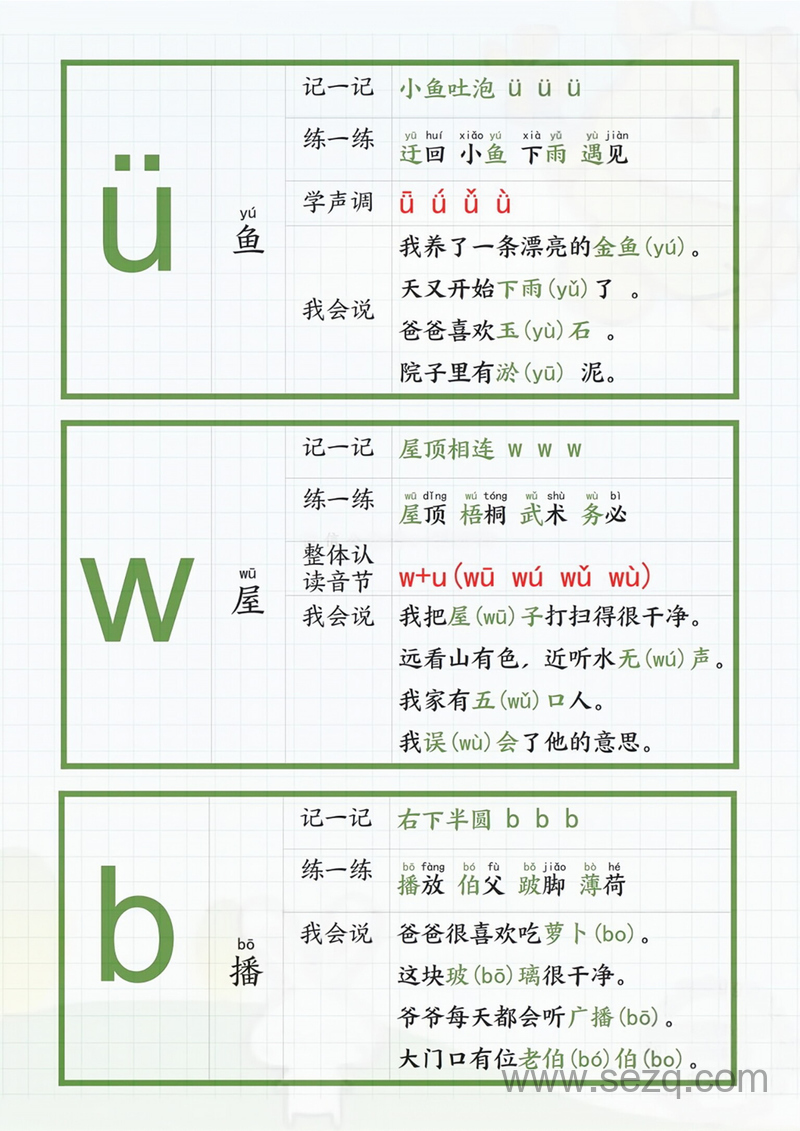 一年级上册语文汉语拼音声母韵母表47个拼读字卡 - 文档资源第3张