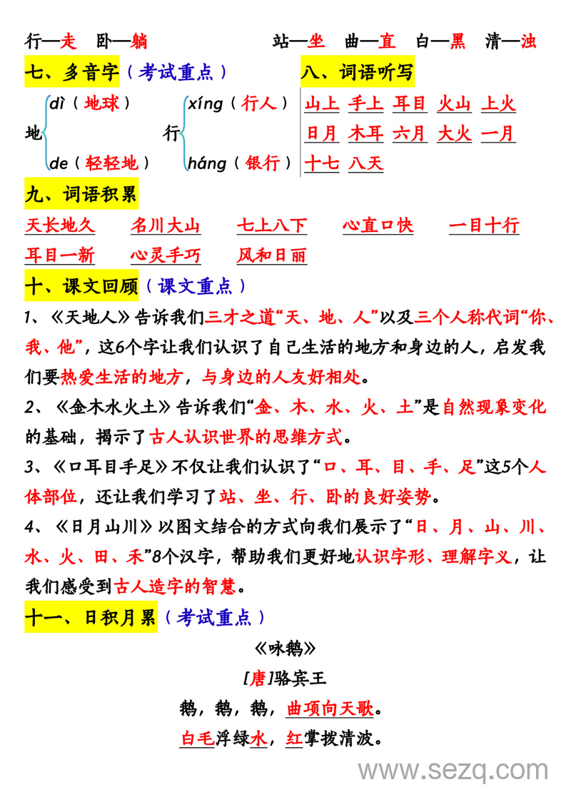 2024年一年级上册语文期中重点知识汇总（纯图版） - 文档资源第2张