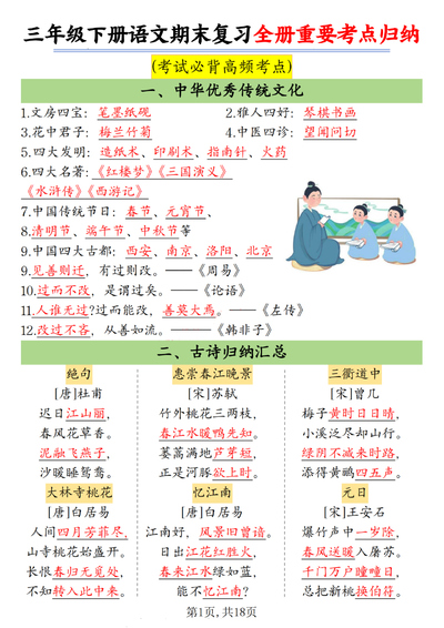 三年级下册语文期末复习全册重要考点归纳（考试必背高频考点）（18页） - 少儿专区