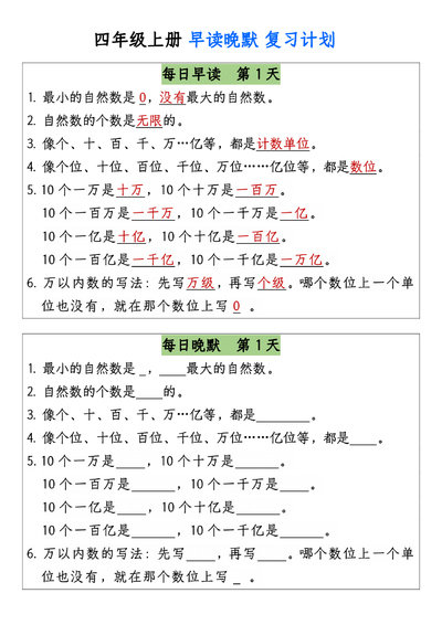 四年级上册数学早读晚默复习计划(13页) - 少儿专区