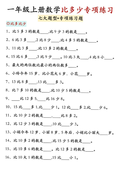 2025年新版一年级上册数学比多少专项七大题型训练（7页） - 少儿专区