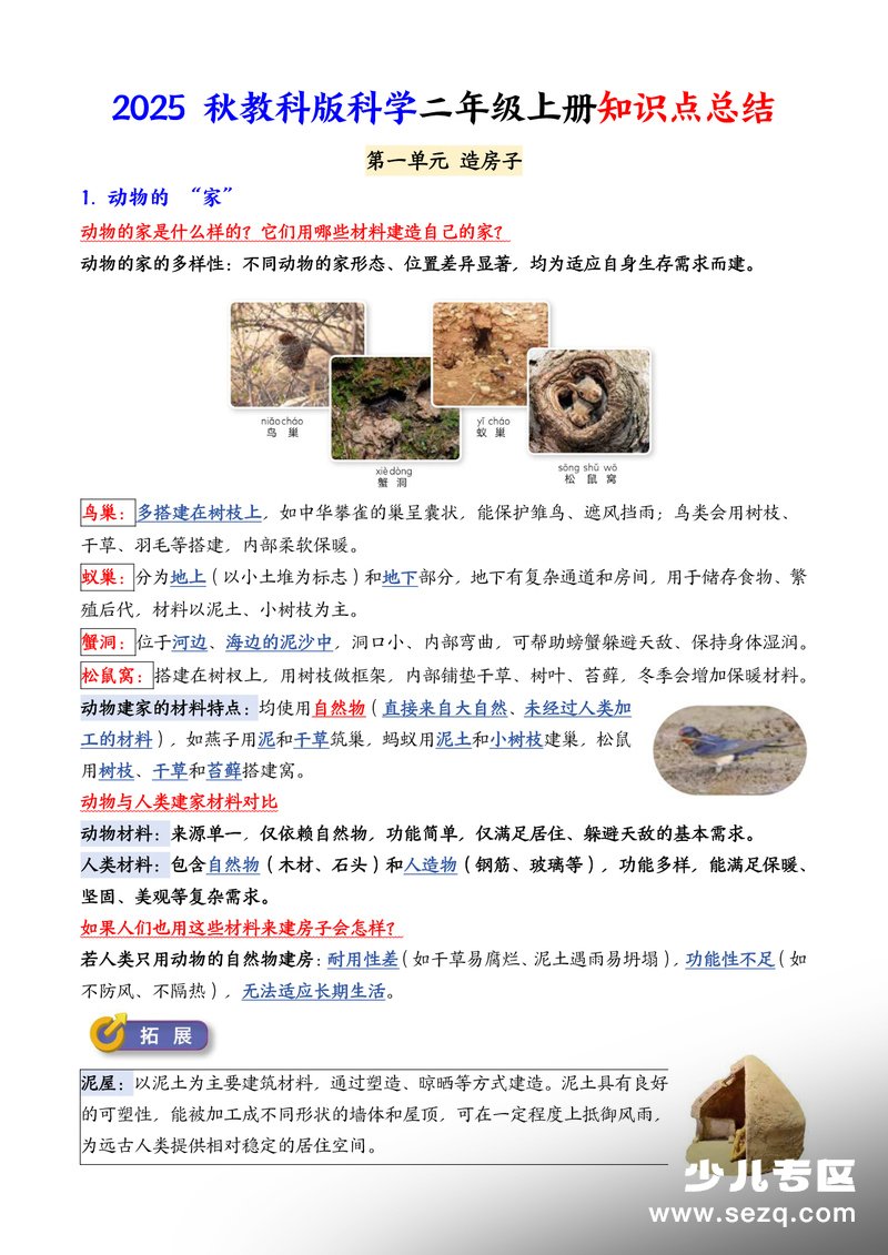 2025年教科版二年级上册科学知识点总结（背诵版） - 文档资源第1张