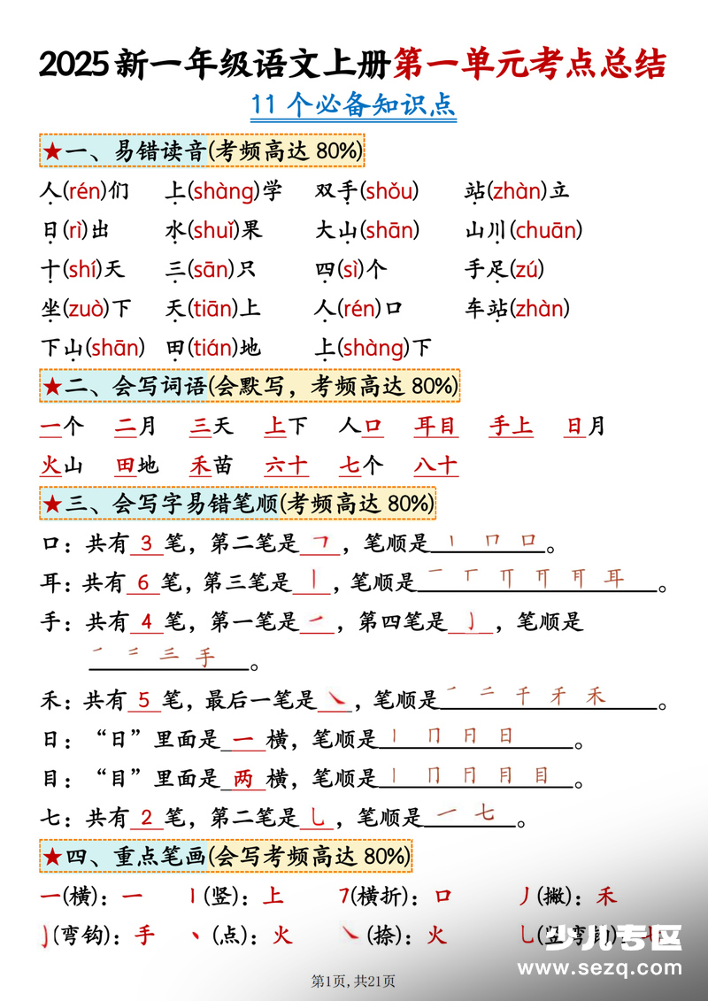 2025年一年级上册语文期末复习知识点梳理（必备考点总结） - 文档资源第1张