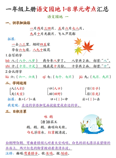 一年级上册语文语文园地1-8单元考点汇总（期末复习）（8页） - 少儿专区